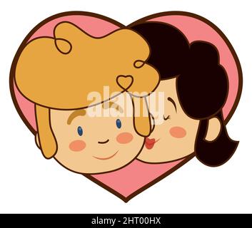 Visages de couple heureux d'homme blond et de femme brune, à l'intérieur d'un coeur, exprimant leur amour avec un joli baiser. Illustration de Vecteur