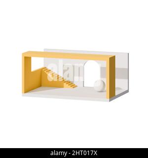 Objet architectural abstrait isolé sur fond blanc, bloc de pièce blanc jaune avec escalier, sphère et arche. 3d illustration du rendu Banque D'Images