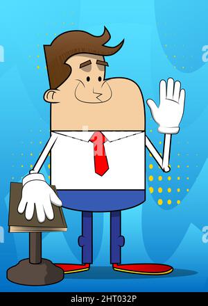 Simple dessin animé rétro d'un homme d'affaires levant la main et mettre l'autre sur un livre Saint. Professionnel de la finance employé blanc portant une chemise avec TI rouge Illustration de Vecteur