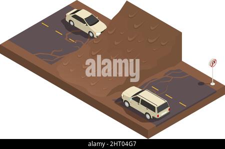 Catastrophes naturelles composition isométrique avec vue des voitures sur la route inondée de boue vecteur illustration Illustration de Vecteur