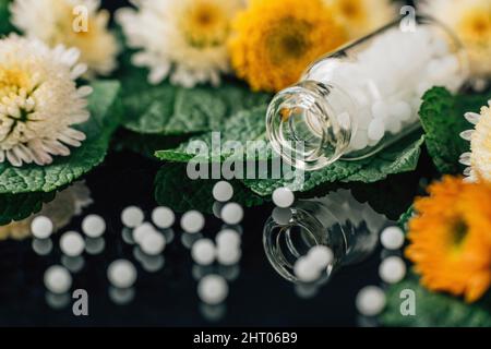 Globules homéopathiques dispersés dans une bouteille en verre Banque D'Images