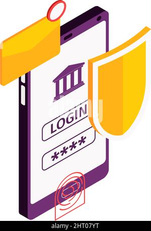 Composition isométrique de banque mobile en ligne avec des icônes de protection d'ordinateur portable et de modes de paiement illustration vectorielle Illustration de Vecteur