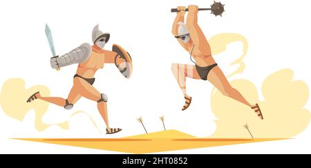 Composition de dessins animés avec combat de deux gladiateurs romains sur l'illustration vectorielle de l'arène Illustration de Vecteur