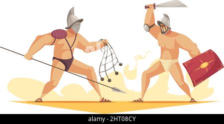 Deux gladiateurs armés combattent l'illustration vectorielle de la composition de dessins animés Illustration de Vecteur