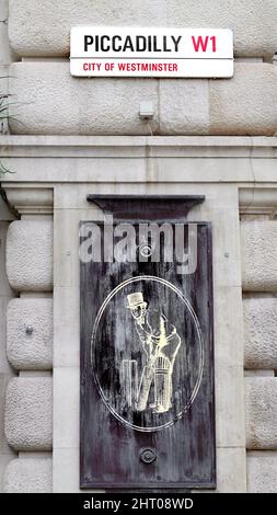 Panneau indiquant Piccadilly Circus, W1, City of Westminster, Londres. Banque D'Images