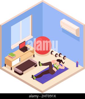 Femme faisant de la forme physique à la maison avec divers équipements de sport isométrique 3D illustration vectorielle Illustration de Vecteur