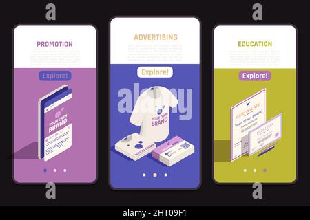 Auto-promotion stratégies de marque isométriques écrans mobiles ensemble avec éducation marketing diplôme image vectorielle d'identité d'entreprise Illustration de Vecteur