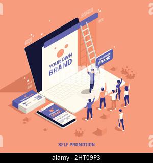 Auto-promotion propre marque bâtiment créer un site Web personnel atteignant le marché cible clients isométrique fond composition illustration vectorielle Illustration de Vecteur
