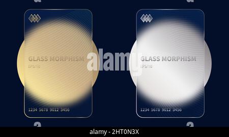 Effet de morphisme du verre. Cartes bancaires en acrylique transparent dépoli. Cercles dégradés or et argent sur fond bleu noir. Glassmorphisme réaliste Illustration de Vecteur