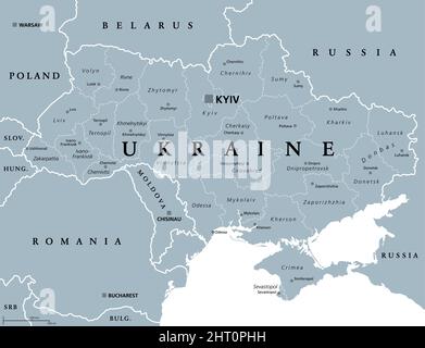 Ukraine, divisions administratives, carte politique grise. Pays et Etat unitaire d'Europe de l'est, avec la capitale Kiev (Kiev). Subdivision de pays. Banque D'Images