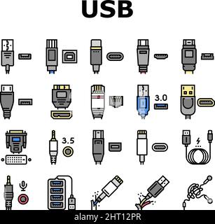 Câble USB et port achats Icons Set Vector Illustration de Vecteur
