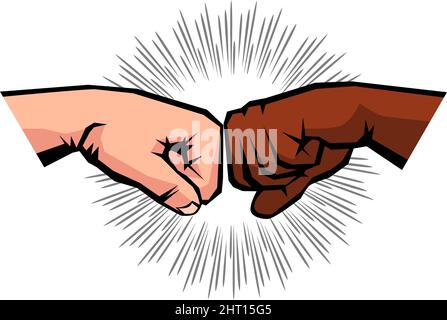 Salutation de deux poings serrés de mains masculines. Amitié interraciale entre les noirs et les blancs. Vecteur sur fond transparent Illustration de Vecteur