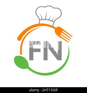 Logo du restaurant Letter FN avec cuillère à chapeau de chef et gabarit de fourchette. Logo du restaurant sur la lettre FN barbecue, le logo du café Vector Illustration de Vecteur