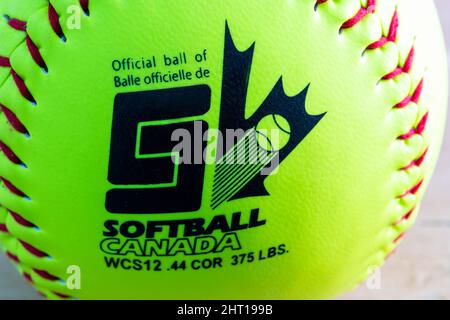 Gros plan d'une balle de softball de marque Worth approuvée pour une utilisation dans la ligue officielle au Canada Banque D'Images