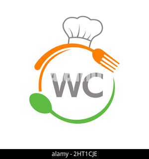 Logo du restaurant Letter WC avec cuillère à chapeau de chef et gabarit de fourchette. Logo du restaurant sur lettre WC barbecue, logo du café Vector Illustration de Vecteur