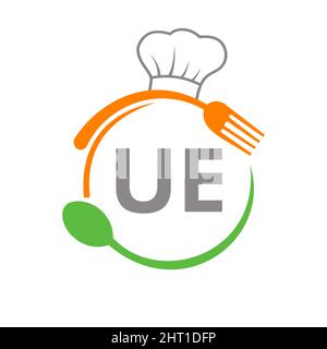Logo du restaurant lettre UE avec cuillère à chapeau de chef et gabarit de fourchette. Logo du restaurant sur la lettre UE barbecue, logo du café Vector Illustration de Vecteur
