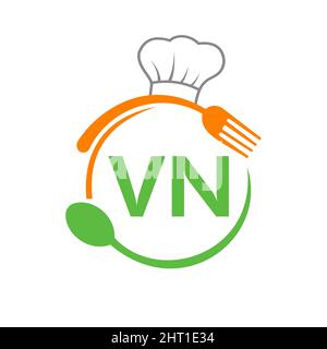 Logo de restaurant Letter VN avec cuillère à chapeau de chef et gabarit de fourchette. Logo du restaurant sur la lettre VN barbecue, le logo du café Vector Illustration de Vecteur