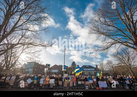 Les manifestants tiennent des pancartes exprimant leur opinion pendant la manifestation.des étudiants de l'Université de Leiden aux pays-Bas, ainsi que des expatriés ukrainiens, ont formé une manifestation de solidarité devant l'ambassade d'Ukraine à la Haye, Et puis, à pied sur une courte distance jusqu'à l'ambassade de Russie, pour ce qui s'est avéré être une protestation très vocale. Aujourd'hui marque le deuxième jour de l'invasion russe de l'Ukraine. (Photo de Charles M. Vella / SOPA Images/Sipa USA) Banque D'Images