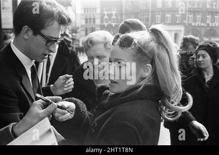 Répétitions avant la Royal film Performance for Born Free, à l'Odeon, Leicester Square, Londres, dimanche 13th mars 1966. Notre photo montre... Ursula Andress signant des autographes à l'extérieur du théâtre. Banque D'Images