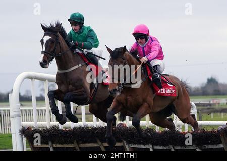 Dimanche paisible (à gauche), monté par James Joseph Slevin avant de gagner l'obstacle rouge Connolly MILLS Irish EBF Auction Maiden à l'hippodrome de Fairyhouse. Date de la photo: Samedi 26 février 2022. Banque D'Images