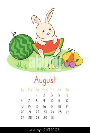 Calendrier 2023 avec lapin, calendrier page août organisateur. Lapin avec pastèque, affiche d'été aux fruits. Personnage lièvre mascotte symbole année. Modèle de dessin animé, vecteur d'affiche mensuelle Illustration de Vecteur