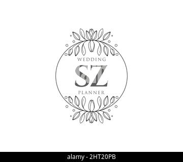 SZ lettre initiale mariage monogramme logos collection, dessin à la main moderne minimaliste et modèles floraux pour cartes d'invitation, Save the Date, élégant Illustration de Vecteur