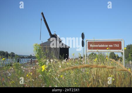 Grue historique de chargement de vin, 1745 ans, sur les rives du Rhin à Oeslich-Winkel dans le Rheingau, Hesse, Allemagne Banque D'Images