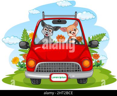 Beaucoup de chiens en voiture rouge dans l'illustration du parc Illustration de Vecteur