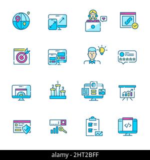 Stratégies et outils de référencement et de marketing. Ensemble d'icônes de couleur de contour pixel Perfect et modifiables Illustration de Vecteur