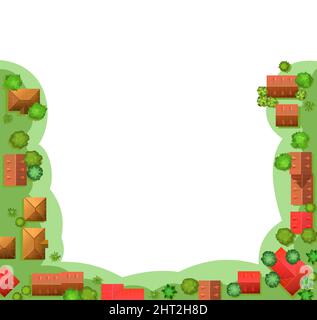 Border la rue de ville. Fragment d'une petite ville. Vue de dessus. Isolé sur fond blanc. Illustration de style dessin animé. Vecteur. Illustration de Vecteur