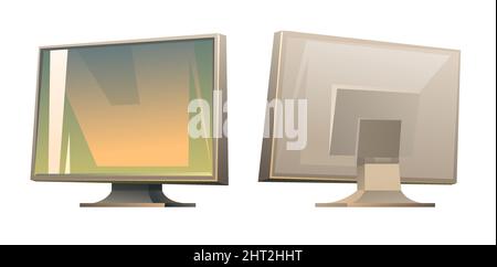 Computer monitor power. Front and back views. Cartoon style. Object isolated on white background. Vector. Illustration de Vecteur