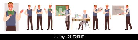 Hommes enseignants personnages avec différentes poses ensemble, homme avec des lunettes enseignement de mathématiques Illustration de Vecteur