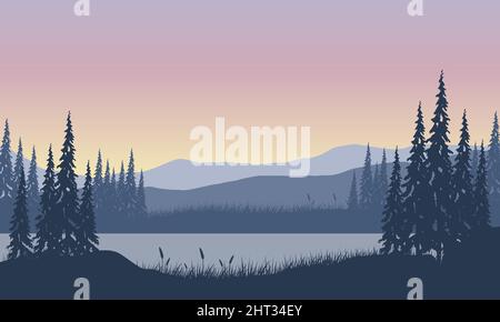 Panorama des montagnes avec mer fantastique depuis le bord de l'herbe et des branches d'arbres au crépuscule. Illustration vectorielle d'une ville Illustration de Vecteur