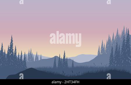 Panorama fantastique des montagnes avec silhouettes de pins de la périphérie du village au crépuscule. Illustration vectorielle d'une ville Illustration de Vecteur