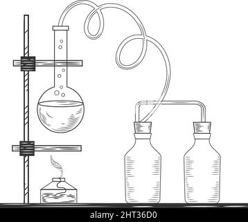 Flacons, béchers et tubes à essai en verre pharmaceutique Vector dans un style de gravure ancien. Esquisse d'une expérience et d'un équipement de laboratoire physique ou chimique. Illustration de Vecteur