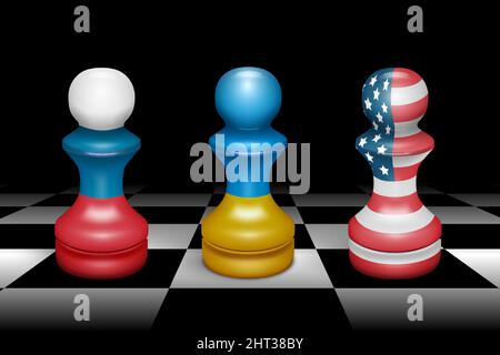 Trois pions d'échecs avec drapeaux des États Russie, Ukraine, Etats-Unis. Le concept de paix et le rejet de la guerre. Sur fond de chessbo Illustration de Vecteur