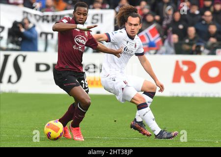 Salerno, Italie. 26th févr. 2022. Lassana Coulibaly (US Salernitana 1919) et Arthur Theate (Bologna FC) pendant la série Un match entre les États-Unis. Salernitana 1919 et le FC de Bologne et au Stadio Arechi. Note finale: 1-1 (photo d'Agostino Gemito/Pacific Press) crédit: Pacific Press Media production Corp./Alay Live News Banque D'Images