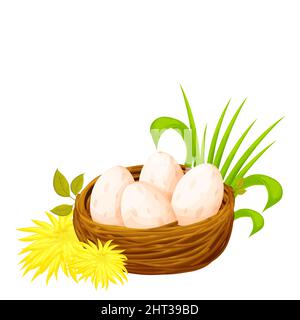 Nid d'oiseau à partir de bâtonnets avec des œufs décorés de feuilles, d'herbe et de fleurs de pissenlit dans le style de dessin animé isolé sur fond blanc. Clip à ressort art, nichant. Nouvelle vie. Illustration vectorielle Illustration de Vecteur