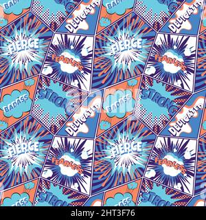 Motifs sans couture pop art de BD. Arrière-plan rétro avec bulles de la parole et graphiques d'explosion. Illustration de Vecteur