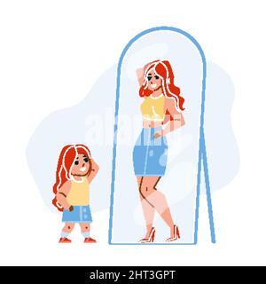 Kid Girl Dreaming être une femme adulte dans Mirror Vector Illustration de Vecteur