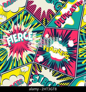 Motifs sans couture pop art de BD. Arrière-plan rétro avec bulles de la parole et graphiques d'explosion. Illustration de Vecteur