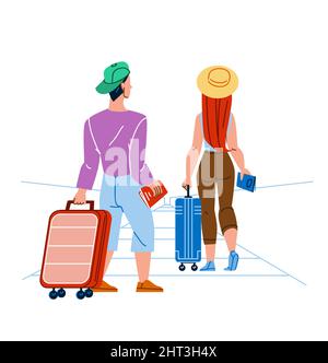 Les voyageurs traînent leurs bagages sur l'escalier roulant de l'aéroport Illustration de Vecteur