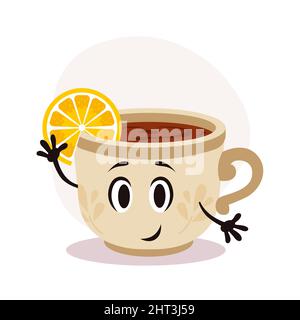 Tasse à thé blanc Vector avec boisson chaude. Thé avec un morceau de citron. Joyeux personnage de dessin animé avec imprimé sur la surface Illustration de Vecteur