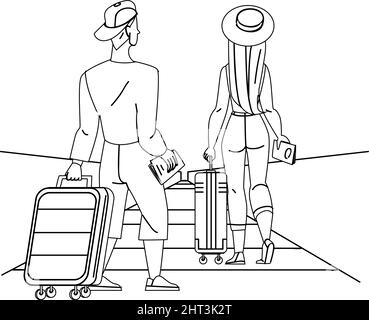 Les voyageurs traînent leurs bagages sur l'escalier roulant de l'aéroport Illustration de Vecteur