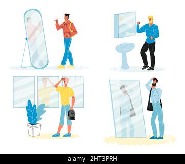 Beau homme regardant le miroir isolé ensemble Illustration de Vecteur