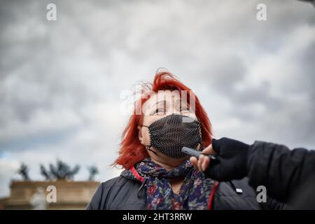 Palerme, Sicile, Italie. 26th févr. 2022. La communauté ukrainienne a manifesté à Palerme, contre la guerre en Ukraine. Porte-parole de la communauté ukrainienne de Piazza Politeama. (Credit image: © Victroria Herranz/ZUMA Press Wire) Banque D'Images