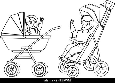 Dans chariot de bébé assis enfants de tout-petits Vector Illustration de Vecteur