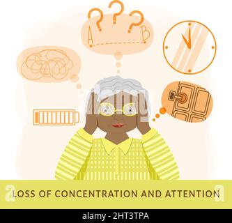 Le concept de la maladie d'Alzheimer. Belle femme âgée avec des problèmes de stress, d'anxiété et de mémoire. Femme de couleur tenant sa tête. Vecteur de style plat i Illustration de Vecteur