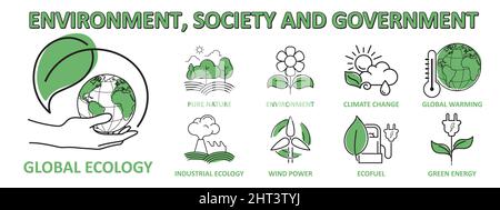 Écologie et environnement. Icône Web de bannière ESG pour les entreprises, l'organisation, l'environnement, les réseaux sociaux, la gouvernance, problèmes écologiques avec le monde, la génération, sav Illustration de Vecteur