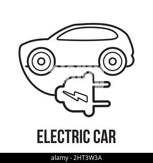 Voiture électrique avec symbole d'icône de fiche, voiture EV, logo de point de charge de véhicules hybrides verts, concept de véhicule écologique. Illustration de Vecteur